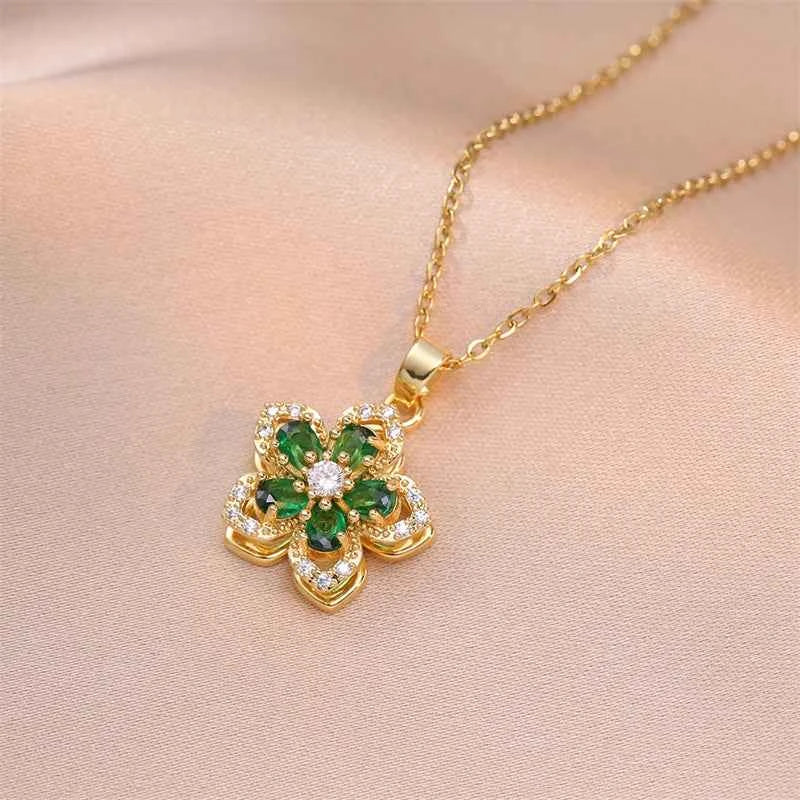 Rotatable Crystal Flower & Heart Pendant Necklace | Korean Style Stainless Steel Choker