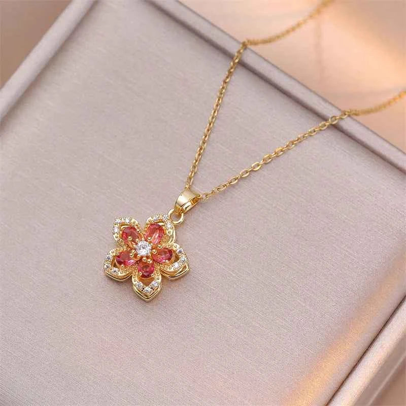 Rotatable Crystal Flower & Heart Pendant Necklace | Korean Style Stainless Steel Choker