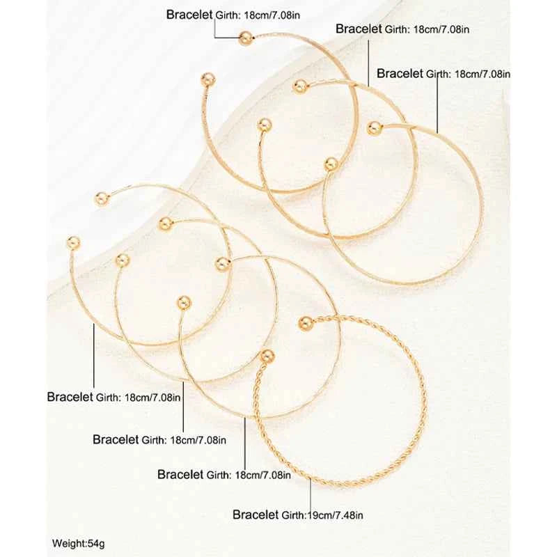 7 Pcs Punk Goth Open Bangle Set | Gold Color Heart Print Streetwear Bracelets
