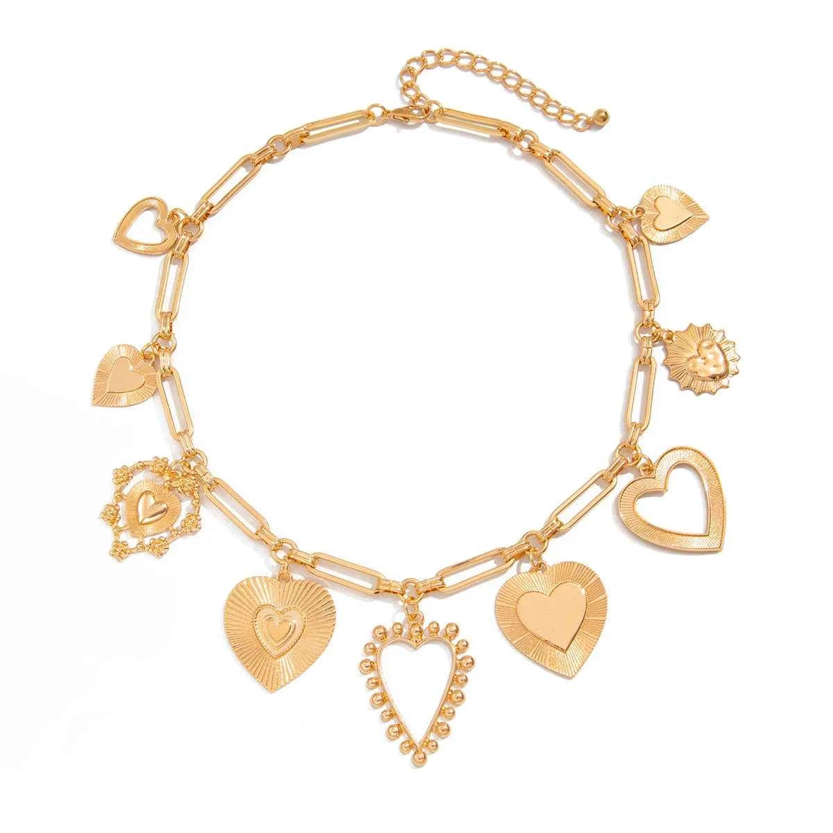 Vintage Gold Color Chunky Heart Charm Choker Necklace | Link Chain Party Jewelry Gift for Women