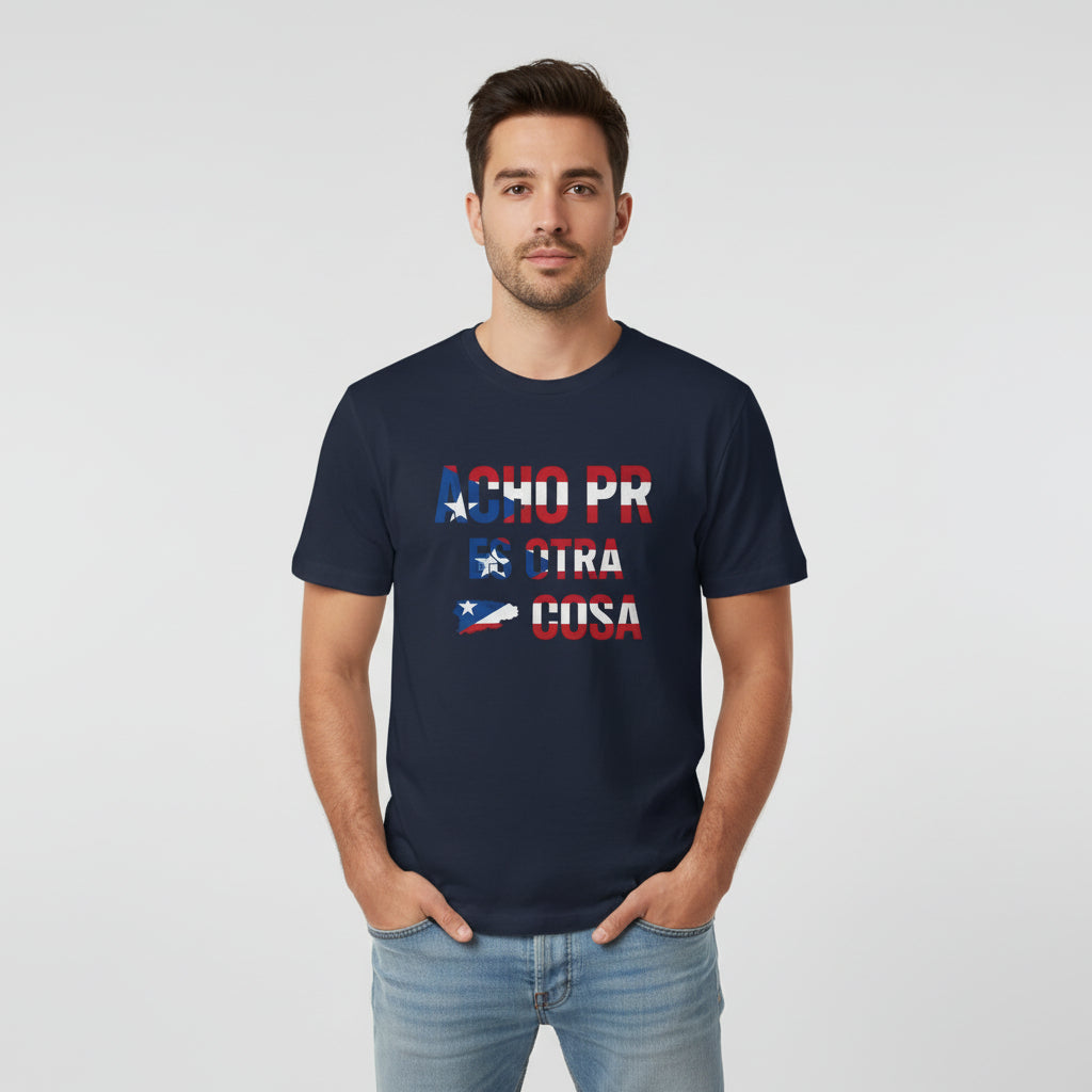 Navy blue t-shirt with red and white text and a star and stripe design on a white background