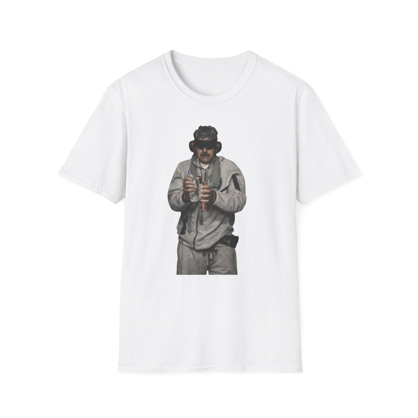 White t-shirt with a graphic of a person holding a gun on a white background