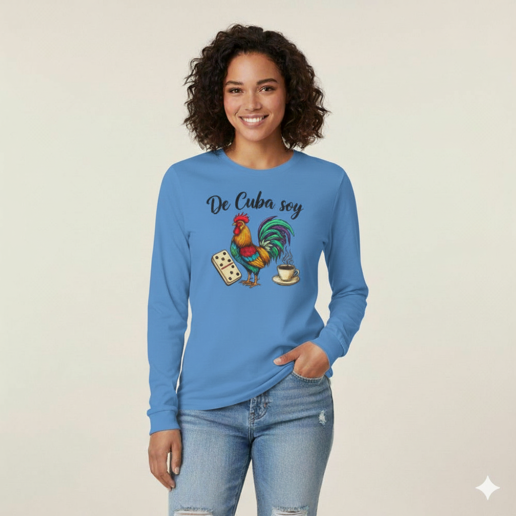 "De Cuba Soy" Long Sleeve Tee - Cuban Cultural Design with Rooster, Domino, and Coffee