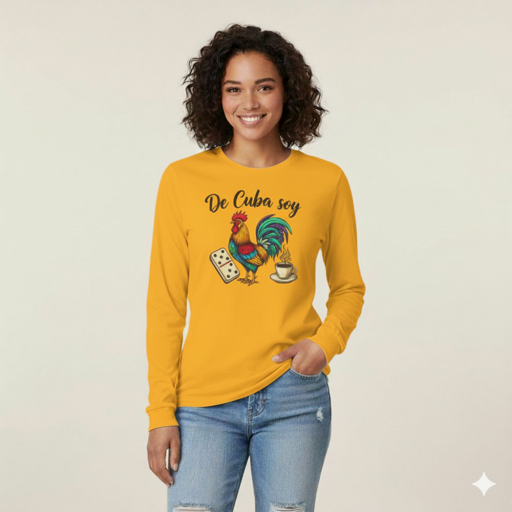 "De Cuba Soy" Long Sleeve Tee - Cuban Cultural Design with Rooster, Domino, and Coffee