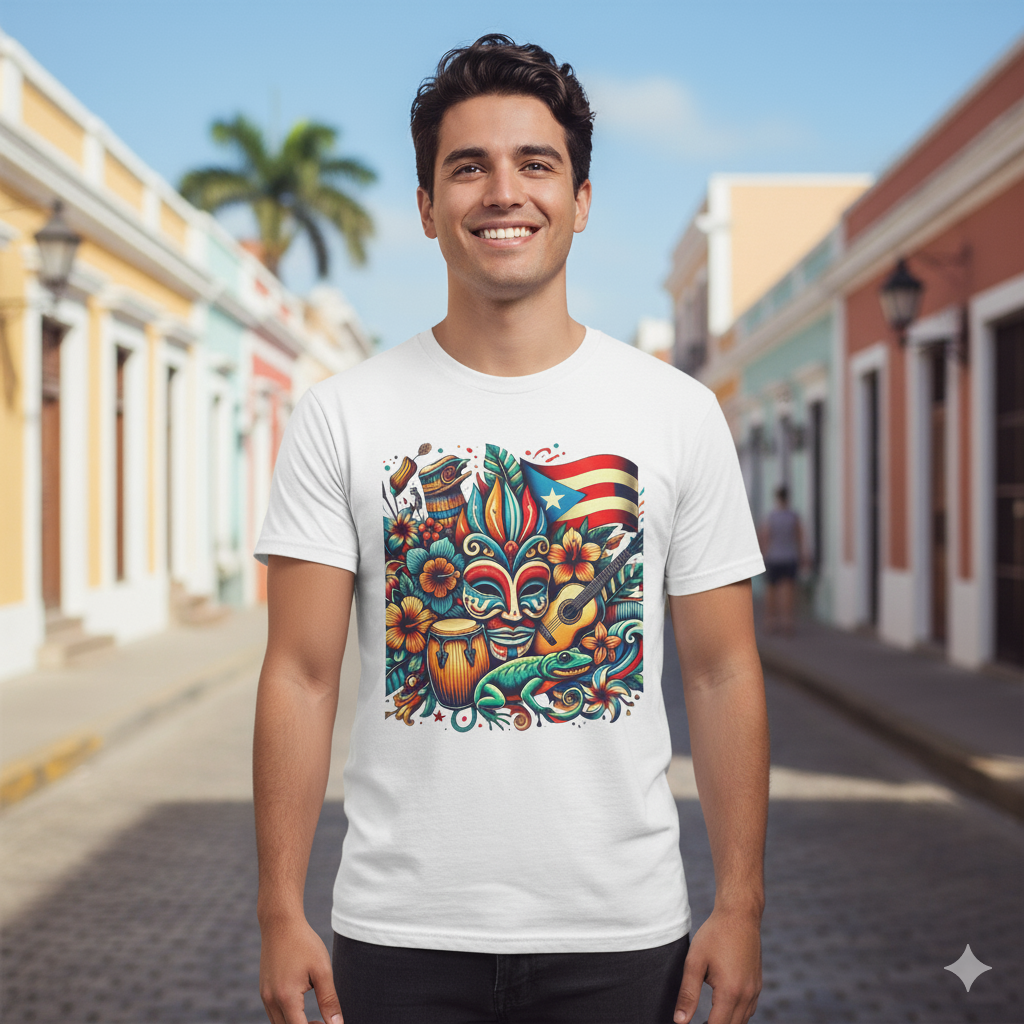 Puerto Rican Pride T-Shirt with Flag, Coquí, and Vejigante Mask Design - Limited Edition