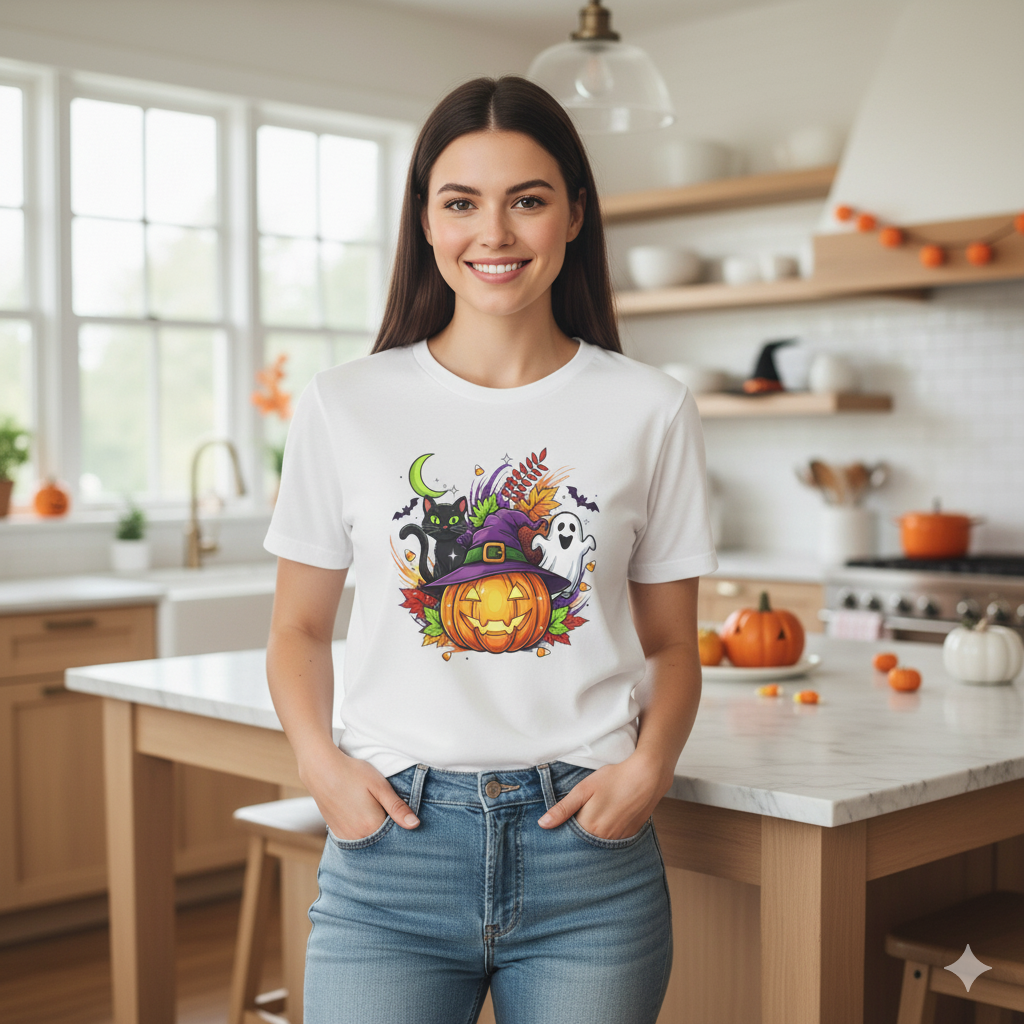 Halloween T-Shirt Design Featuring Witch Hat, Pumpkin, Black Cat, and Ghost
