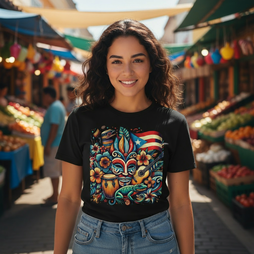 Puerto Rican Pride T-Shirt with Flag, Coquí, and Vejigante Mask Design - Limited Edition