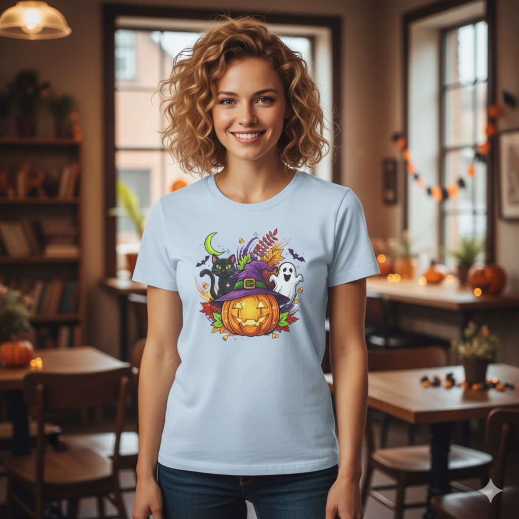 Halloween T-Shirt Design Featuring Witch Hat, Pumpkin, Black Cat, and Ghost