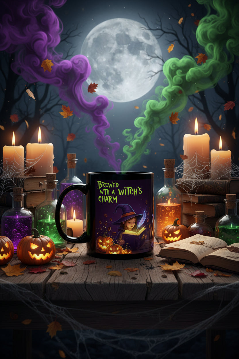 Brewed with a Witch's Charm Halloween Coffee Mug | Witch, Black Cat & Pumpkin Design