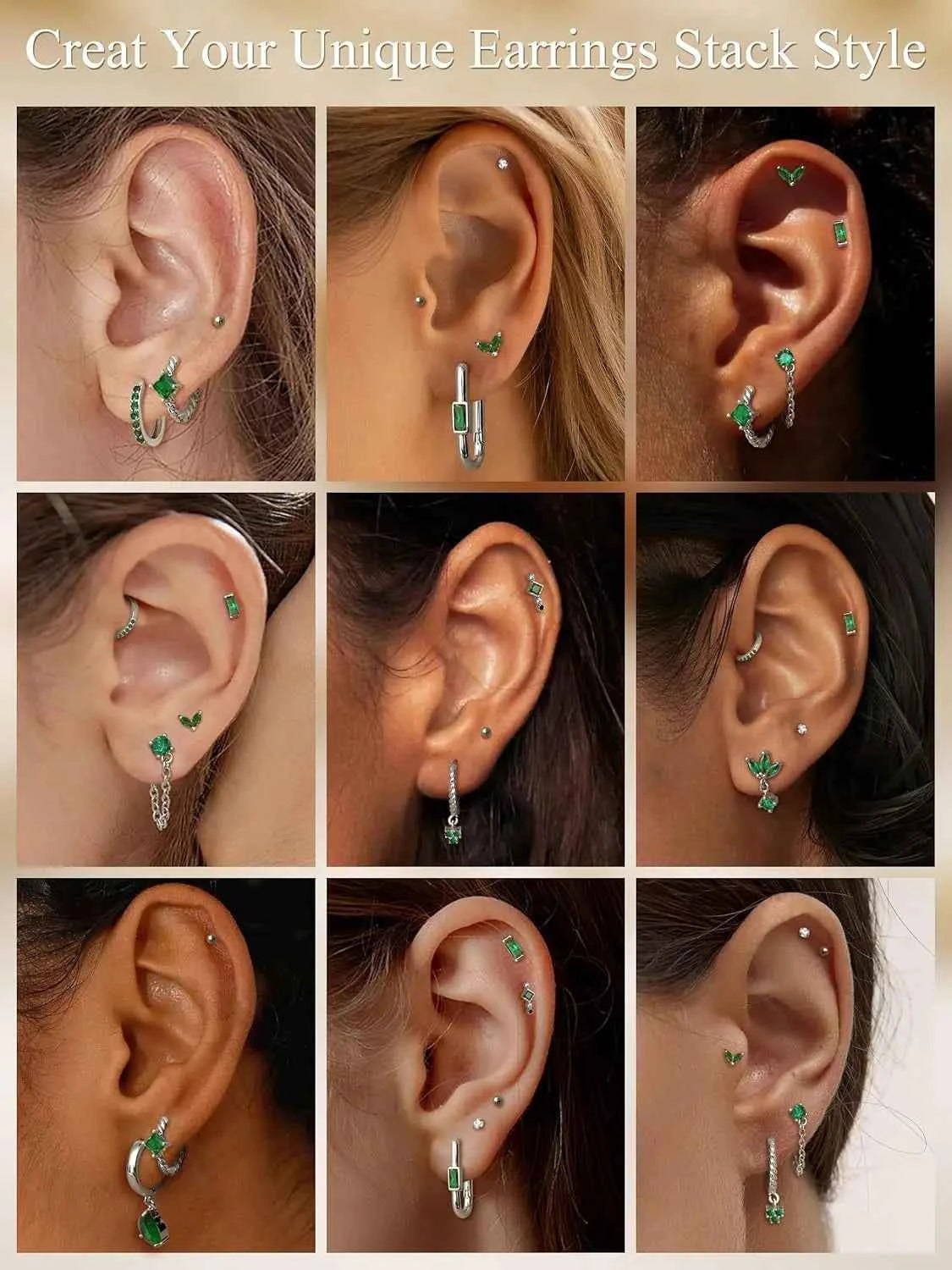 Green Stud & Hoop Earring Set - 13 Piece Stainless Steel Collection