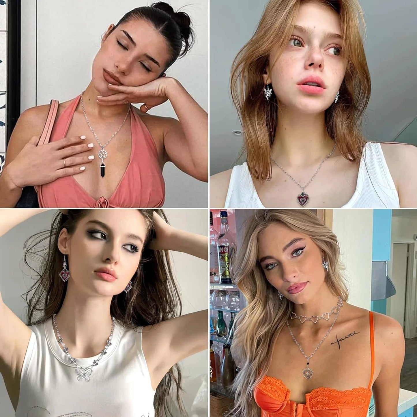 Collage of four women wearing necklaces with different pendants.