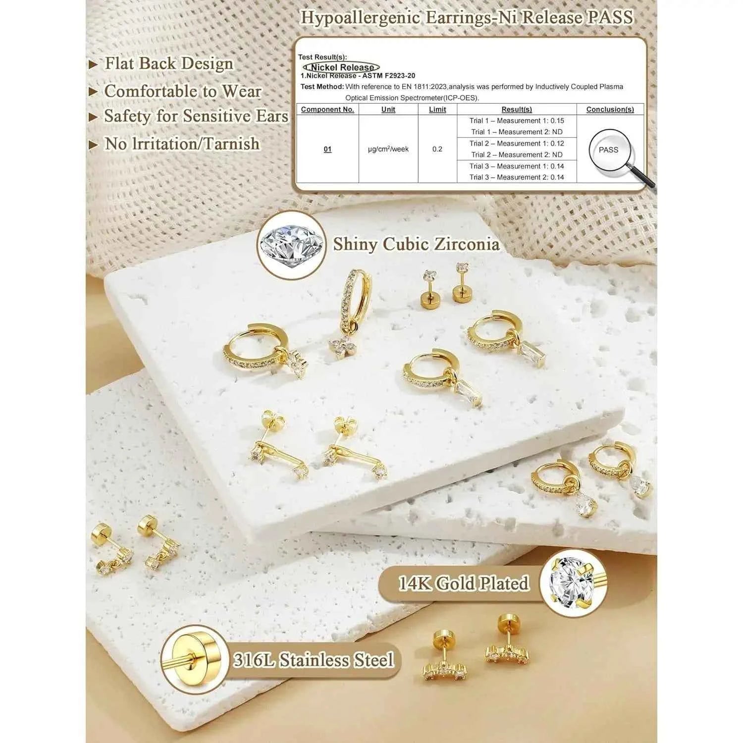 14K Gold Plated Flat Back Earrings - 10 Pairs CZ Hoop Set for Helix Conch Tragus