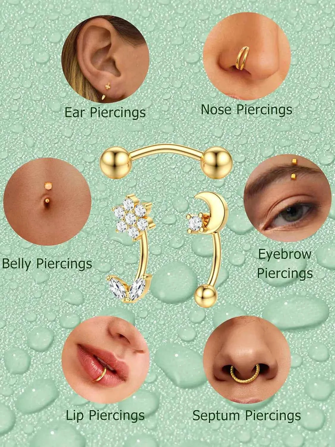 Body Piercing Jewelry Set - 14 Pcs 16G Surgical Steel Eyebrow Rook Belly Lip Rings