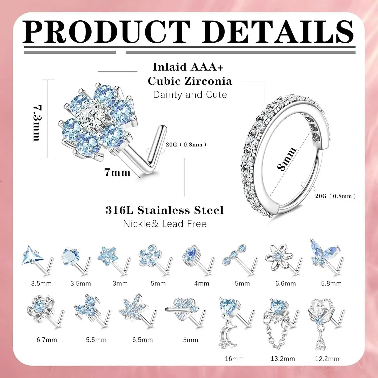 Product details of a ring with cubic zirconia stones on a pink background