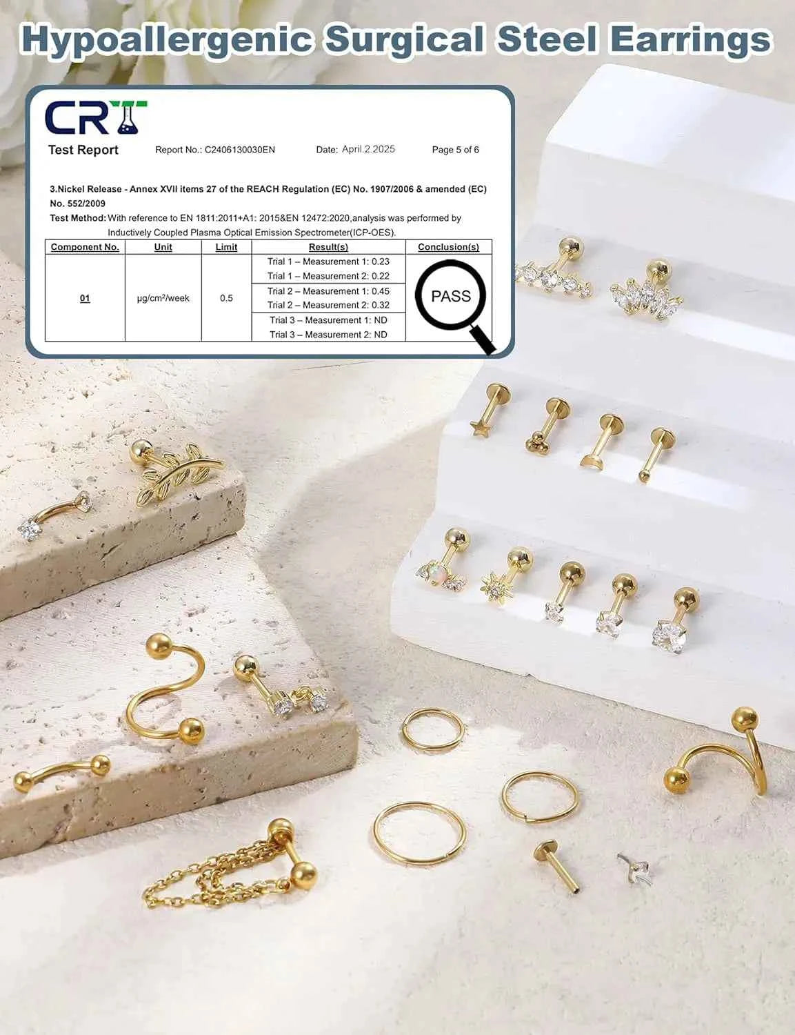 Cartilage Earrings Set - 22 Pieces 16G Surgical Steel Flat Back Studs & Nose Rings