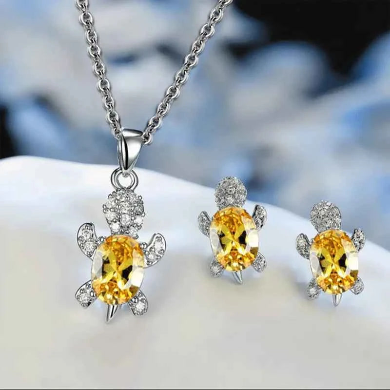 Sea Turtle Jewelry Set – Silver-Plated Necklace & Earrings with Crystals