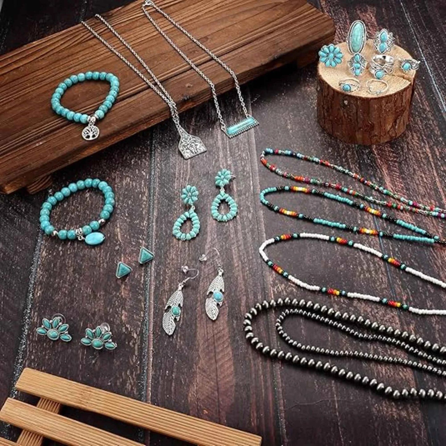 Turquoise Jewelry Set - Bohemian Western Necklace, Earrings & Bracelet