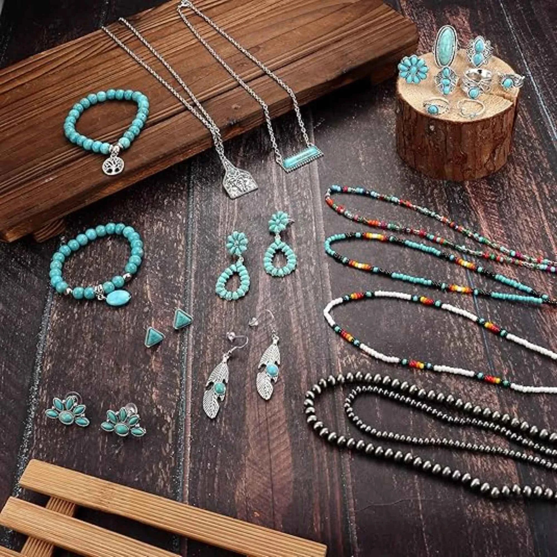 Turquoise Jewelry Set - Bohemian Western Necklace, Earrings & Bracelet
