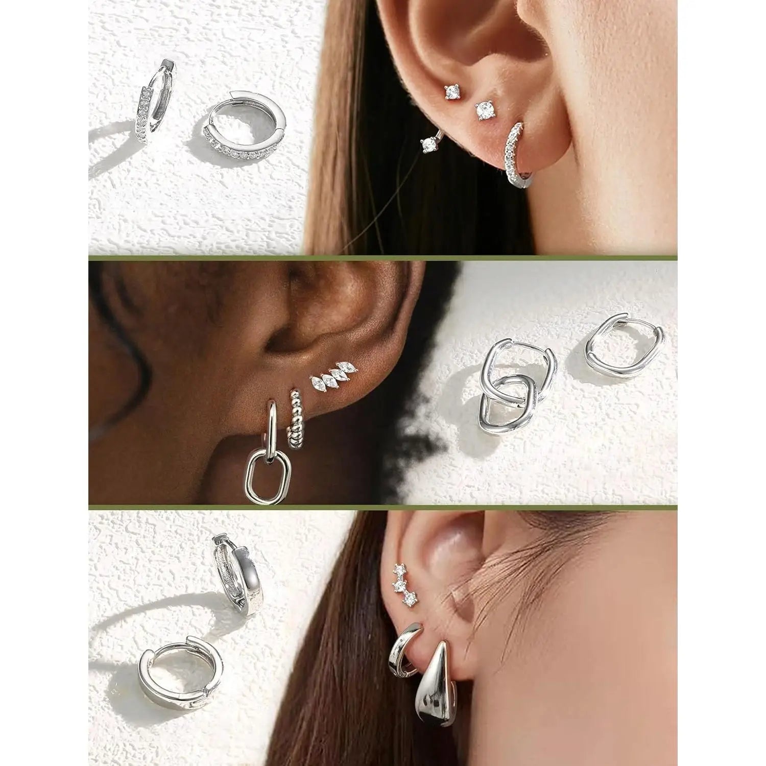 Collage of silver earrings worn on ears with a white background