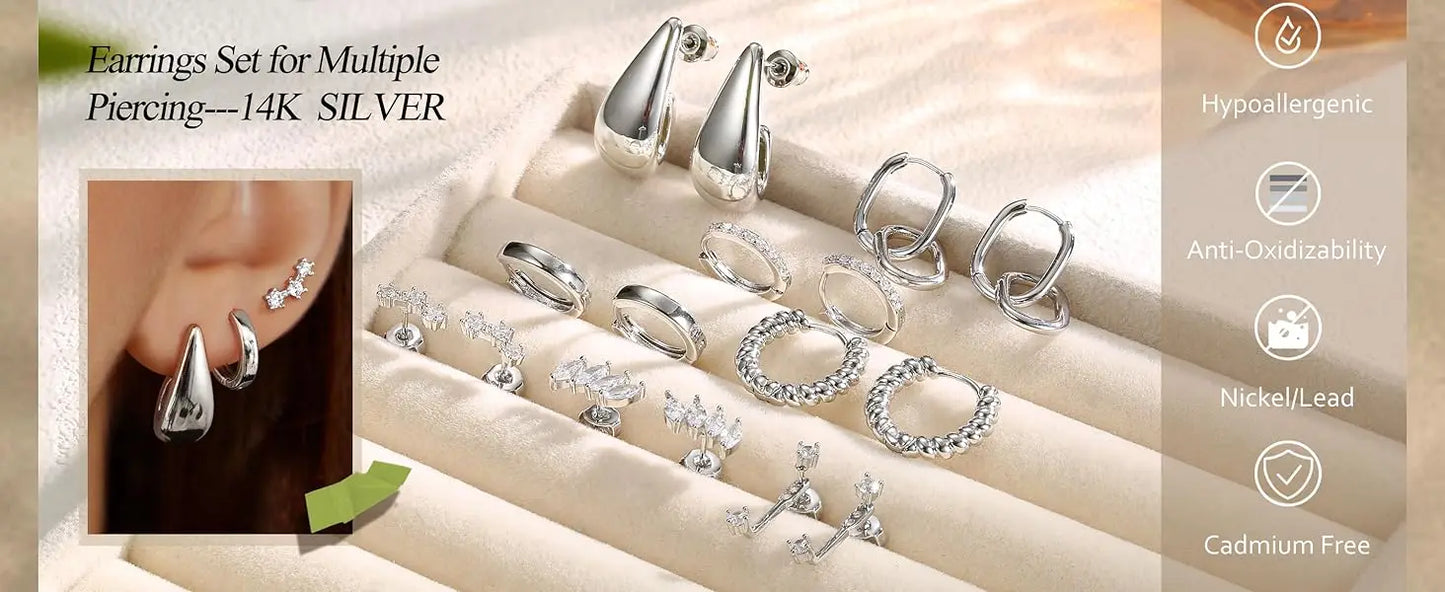 Set of silver earrings displayed on a beige surface with an inset showing an ear wearing one of the earrings.