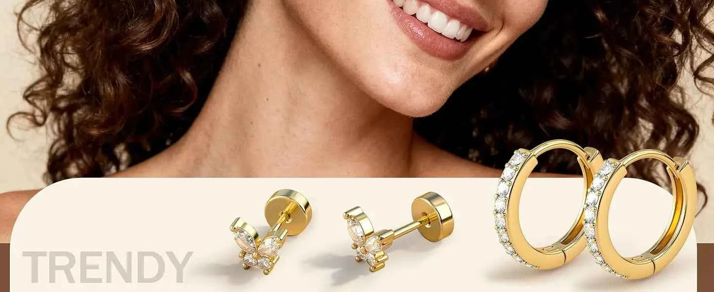 14K Gold Plated Hoop Earrings for Women Double Piercing Chain Earrings Dainty Stud Earrings Hypoallergenic Hoop Earrings Set