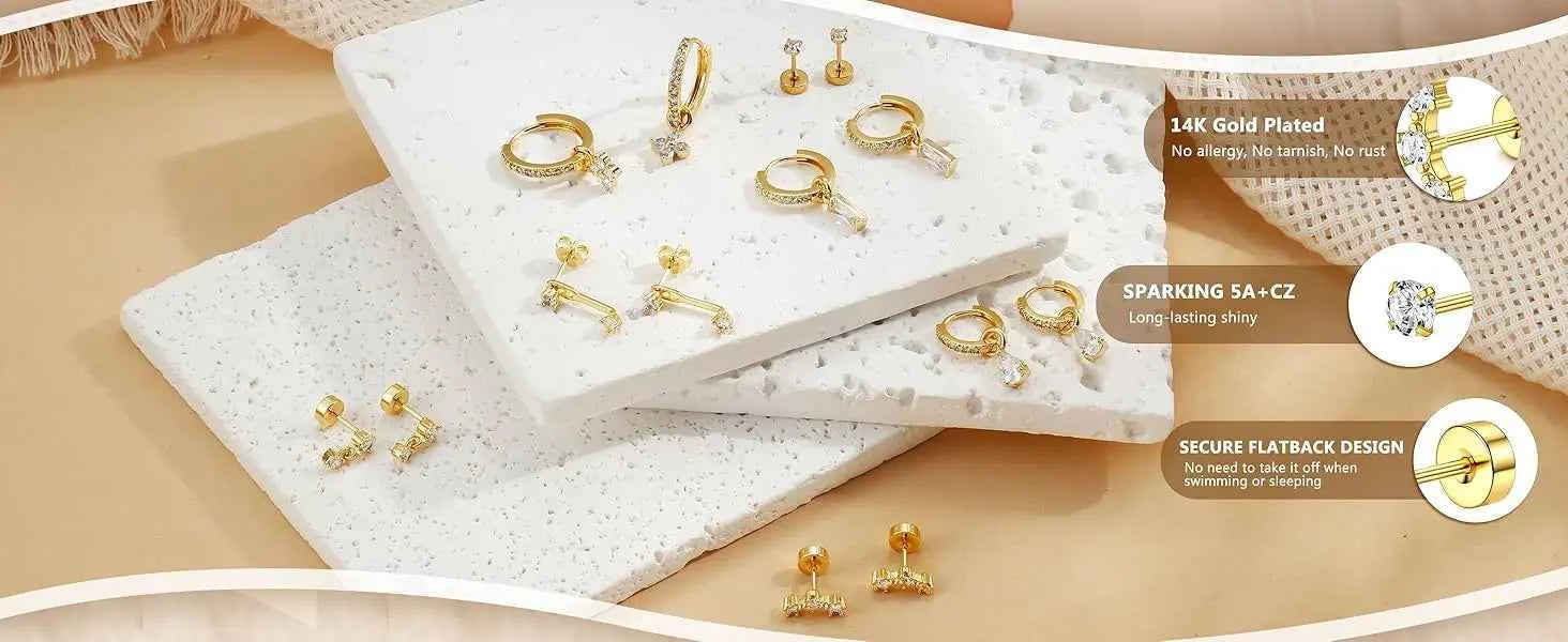 14K Gold Plated Flat Back Earrings - 10 Pairs CZ Hoop Set for Helix Conch Tragus