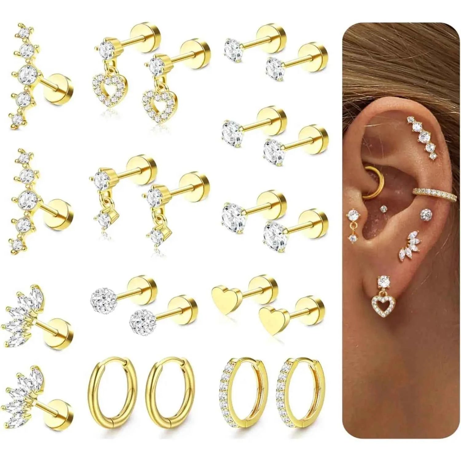 Flat Back Earrings Set - 11 Pairs Surgical Steel Studs & Hoops for Cartilage Helix Tragus