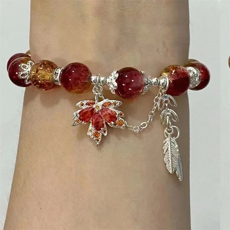 Red Crystal Maple Leaf Bracelet - Butterfly Feather Charm Beaded Friendship Bracelet for Women