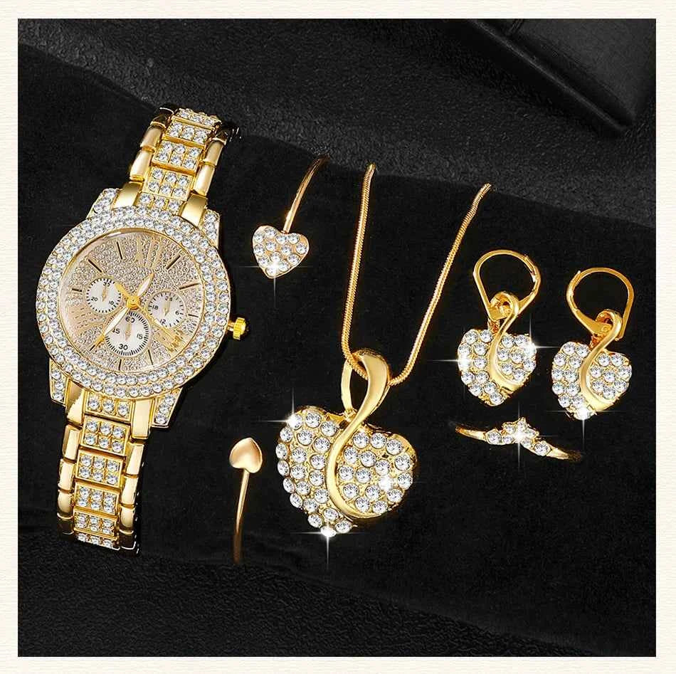Gold Luxury Watch & Jewelry Set – Women's Rhinestone Watch, Ring, Necklace & Earrings
