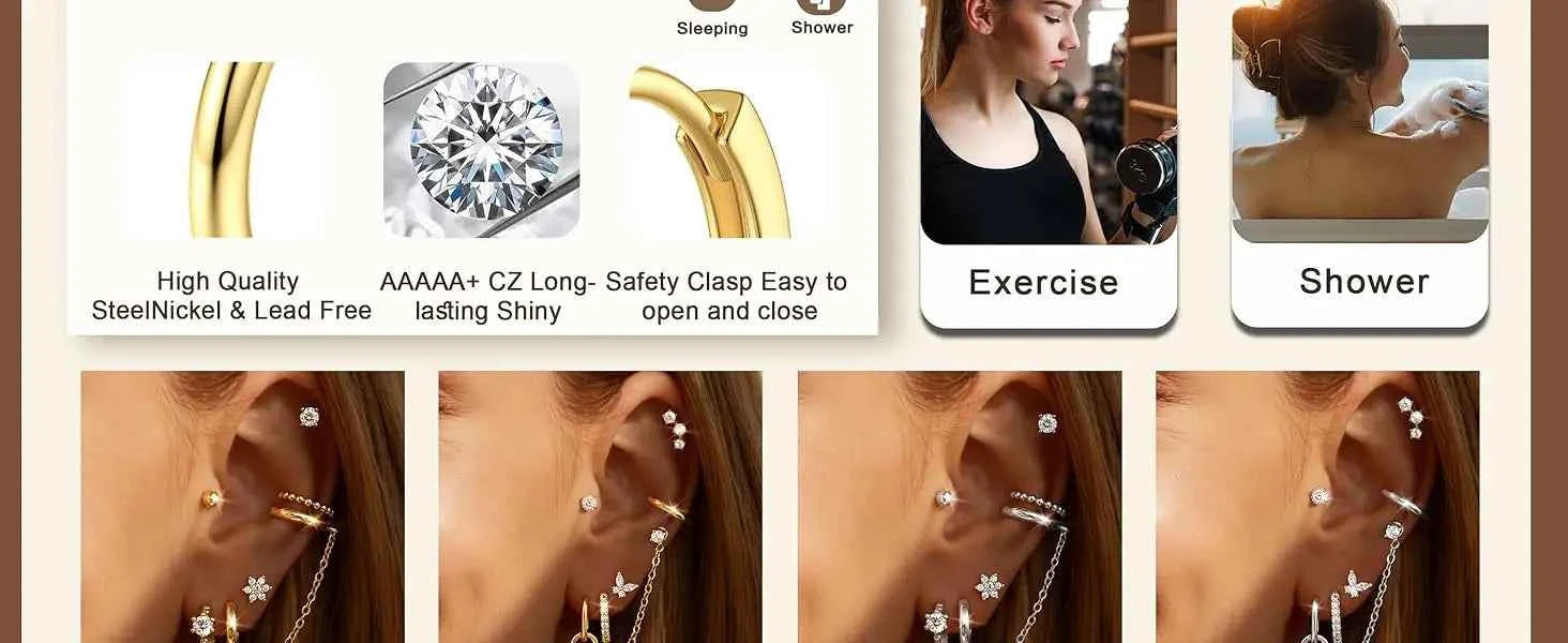 14K Gold Plated Hoop Earrings for Women Double Piercing Chain Earrings Dainty Stud Earrings Hypoallergenic Hoop Earrings Set