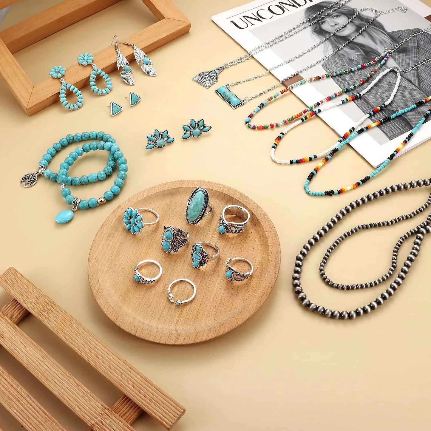 Turquoise Jewelry Set - Bohemian Western Necklace, Earrings & Bracelet