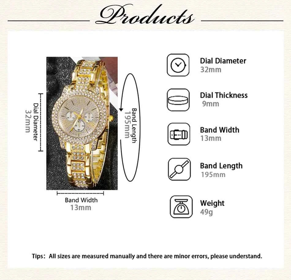 Gold Luxury Watch & Jewelry Set – Women's Rhinestone Watch, Ring, Necklace & Earrings
