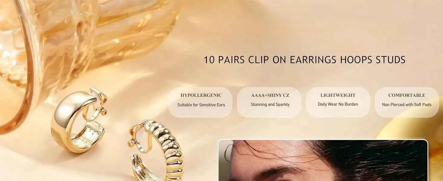 10Pairs Clip On Earrings for Women Non Pierced Ears CZ Pearl Knot Twist Chunky Hoop and Studs Earring Set Ear Clips Jewelry