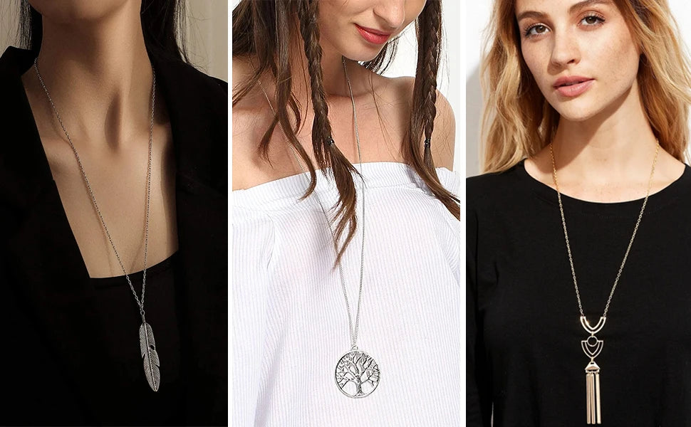 Three women wearing necklaces with different pendants on a plain background