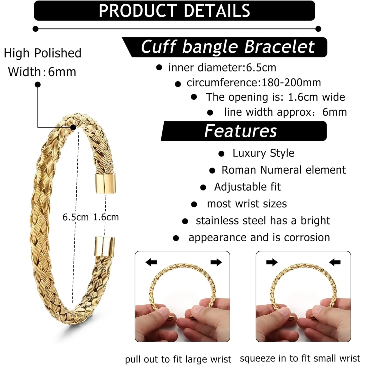 Gold cuff bangle bracelet with product details on a white background