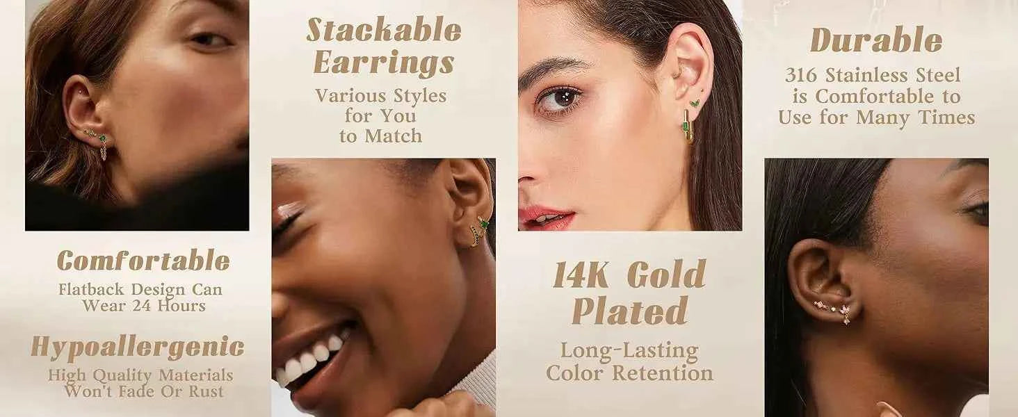 Green Stud & Hoop Earring Set - 13 Piece Stainless Steel Collection