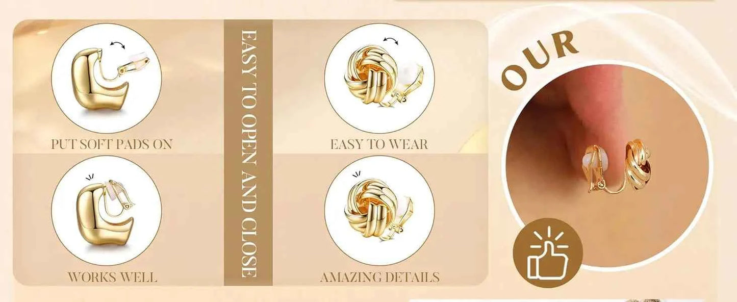 10Pairs Clip On Earrings for Women Non Pierced Ears CZ Pearl Knot Twist Chunky Hoop and Studs Earring Set Ear Clips Jewelry