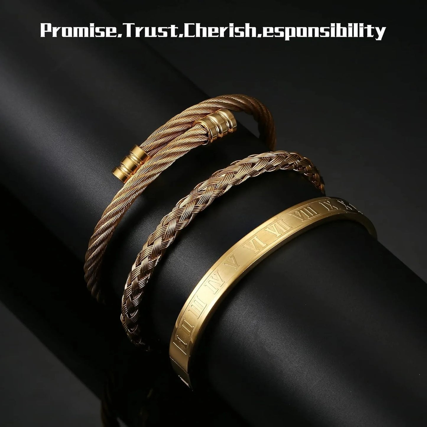 Three gold bracelets on a dark surface with text 'Promise, Trust, Cherish, Responsibility' above.