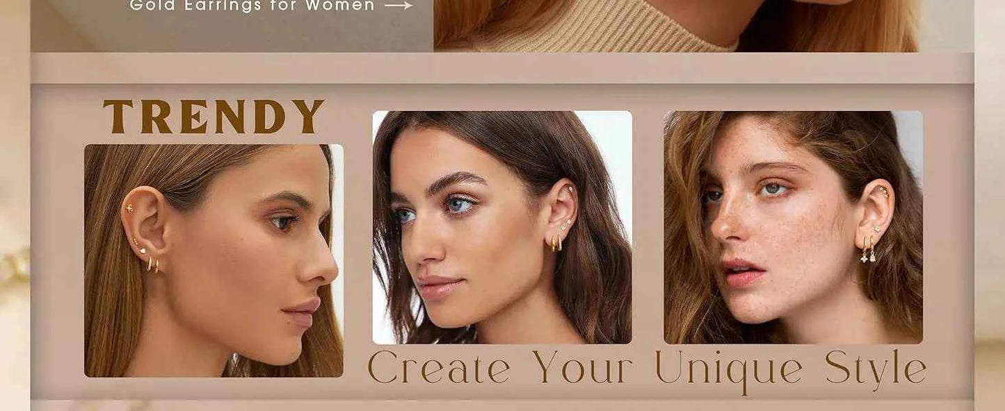 Hypoallergenic Flat Back Earrings Set for Women 14K Gold-plated Surgical Steel Stud Hoop Earrings Cartilage Piercing Jewellry