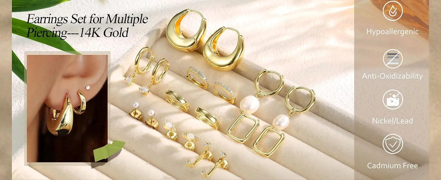 Stackable Hoop Earring Set - 9 Pairs Gold Plated Pearl & CZ Collection