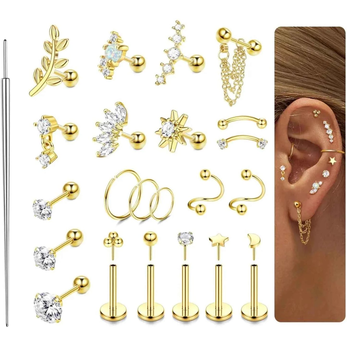 Cartilage Earrings Set - 22 Pieces 16G Surgical Steel Flat Back Studs & Nose Rings