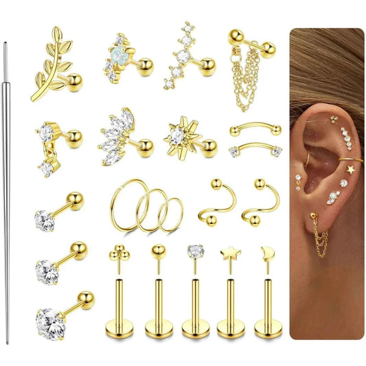 Cartilage Earrings Set - 22 Pieces 16G Surgical Steel Flat Back Studs & Nose Rings