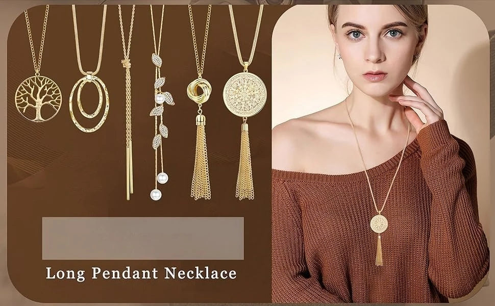 Collection of gold necklaces with pendants on a brown background, featuring a model wearing a necklace.
