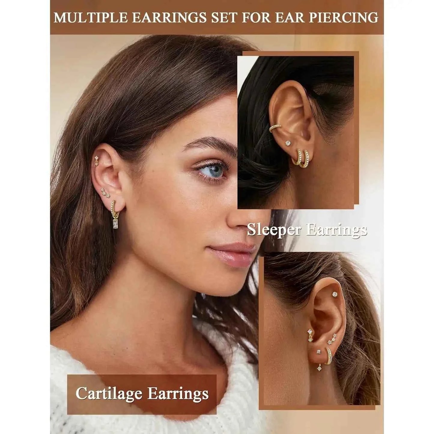 14K Gold Plated Flat Back Earrings - 10 Pairs CZ Hoop Set for Helix Conch Tragus