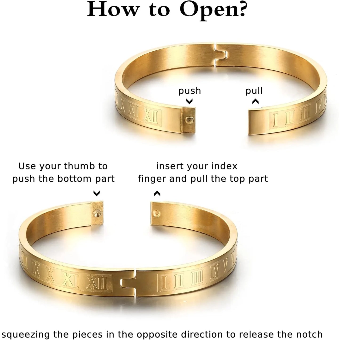 Gold bracelet with instructions on how to open it.