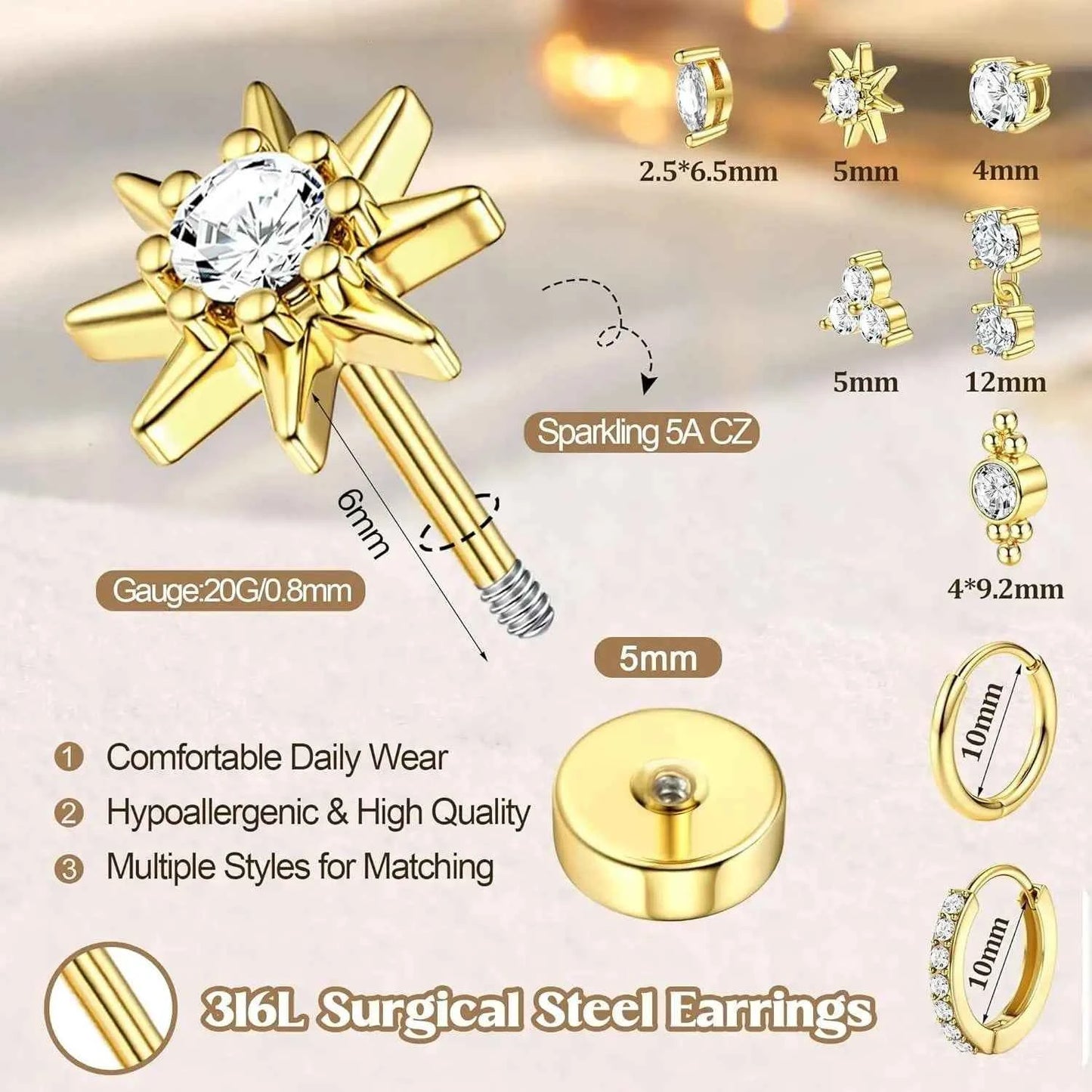 8 Pairs 14K Gold Plated Surgical Steel Flat Back Earrings & Huggie Hoops Set – Hypoallergenic Cartilage & Lobe Piercing Jewelry (20G)