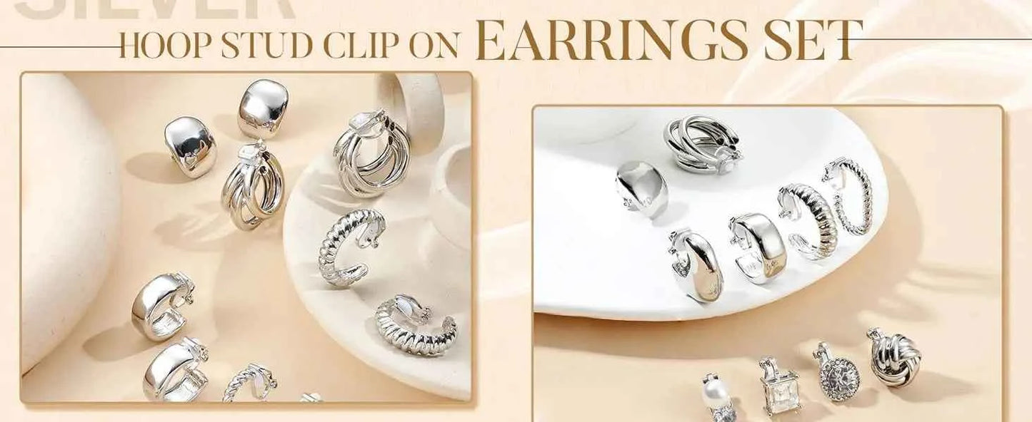 10Pairs Clip On Earrings for Women Non Pierced Ears CZ Pearl Knot Twist Chunky Hoop and Studs Earring Set Ear Clips Jewelry