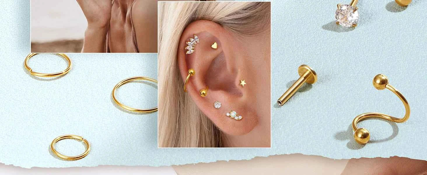 Cartilage Earrings Set - 22 Pieces 16G Surgical Steel Flat Back Studs & Nose Rings