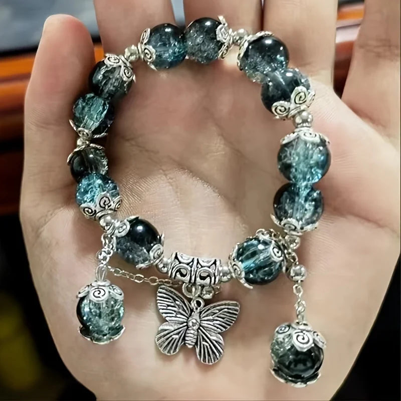 Red Crystal Maple Leaf Bracelet - Butterfly Feather Charm Beaded Friendship Bracelet for Women