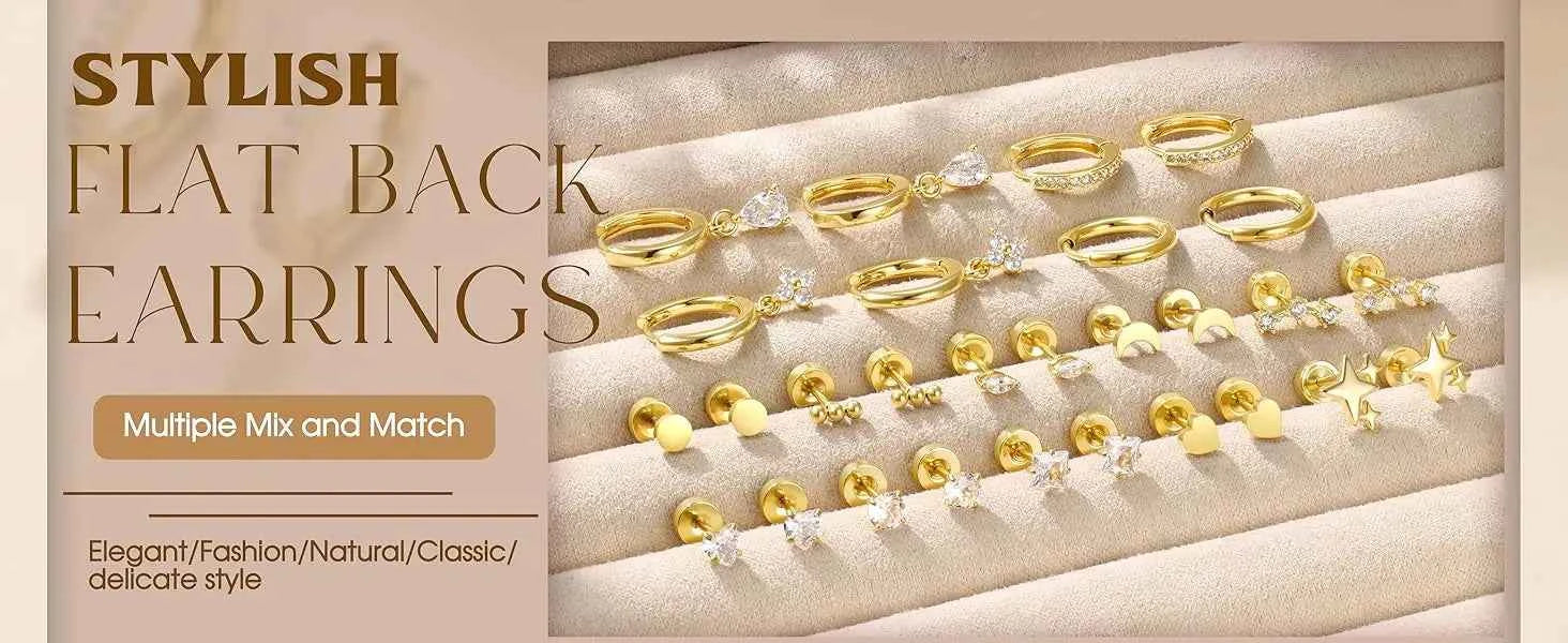 Hypoallergenic Flat Back Earrings Set for Women 14K Gold-plated Surgical Steel Stud Hoop Earrings Cartilage Piercing Jewellry